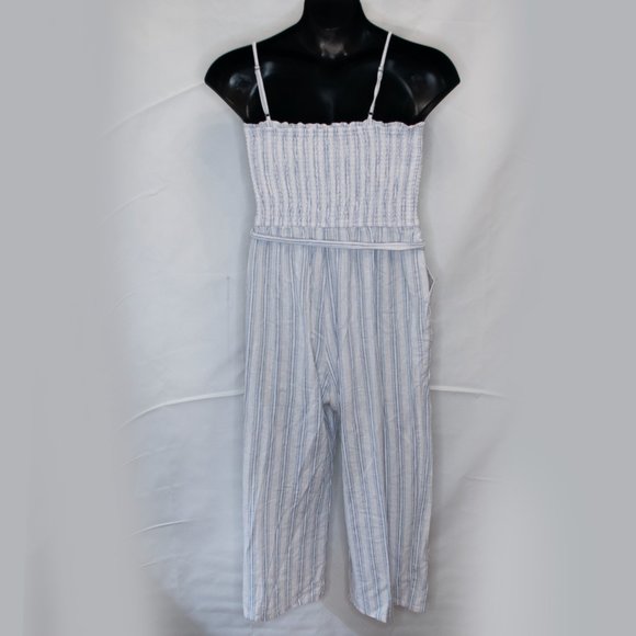 Abercrombie & Fitch Linen Blend Jumpsuit Juniors XL White Blue Sleeveless AA08X - Picture 4 of 6